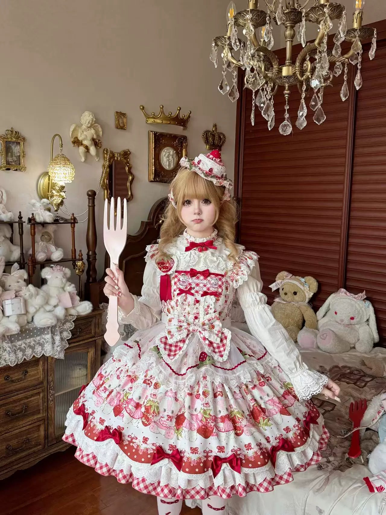 Berry Bear Whisper - Sweet Lolita JSK Set, Strawberry Bear Themed Print 45904:867445
