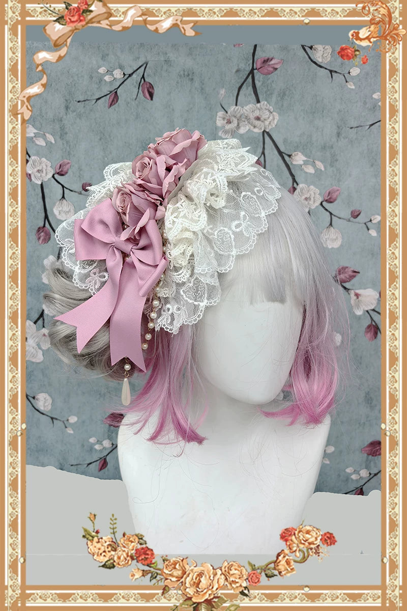 Elegant Lolita Hanamaru Hair Clip, Rose Bow & Pearl-like Chain 46096:874850