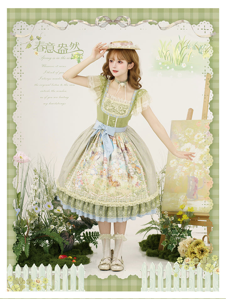 Strawberry Fantasia~Spring Bloom~Country Lolita JSK Set with Animal Prints and Overlay