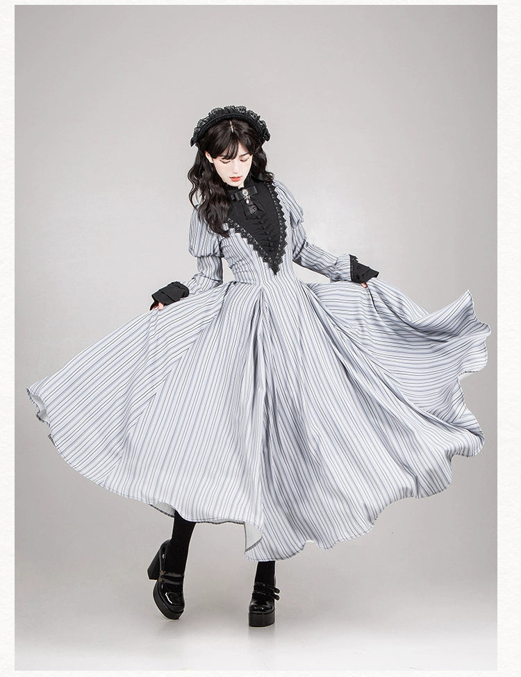 With PUJI~Nocturne SP~Striped Gothic Lolita OP Twin Lolita Dress with Apron 42192:731250