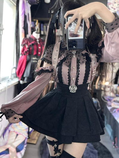 (BFM)Shengzhongwei~Jirai Kei Shirt Off-shoulder Long-sleeved Bloouse with Bow S pink fabric and black lace 