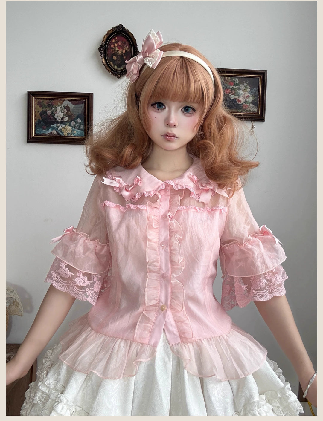 TaTaTa Lolita~Flower Wall~Sweet Lolita Blouse Chiffon Kawaii Half-Sleeved Shirt Pink Blouse Only S