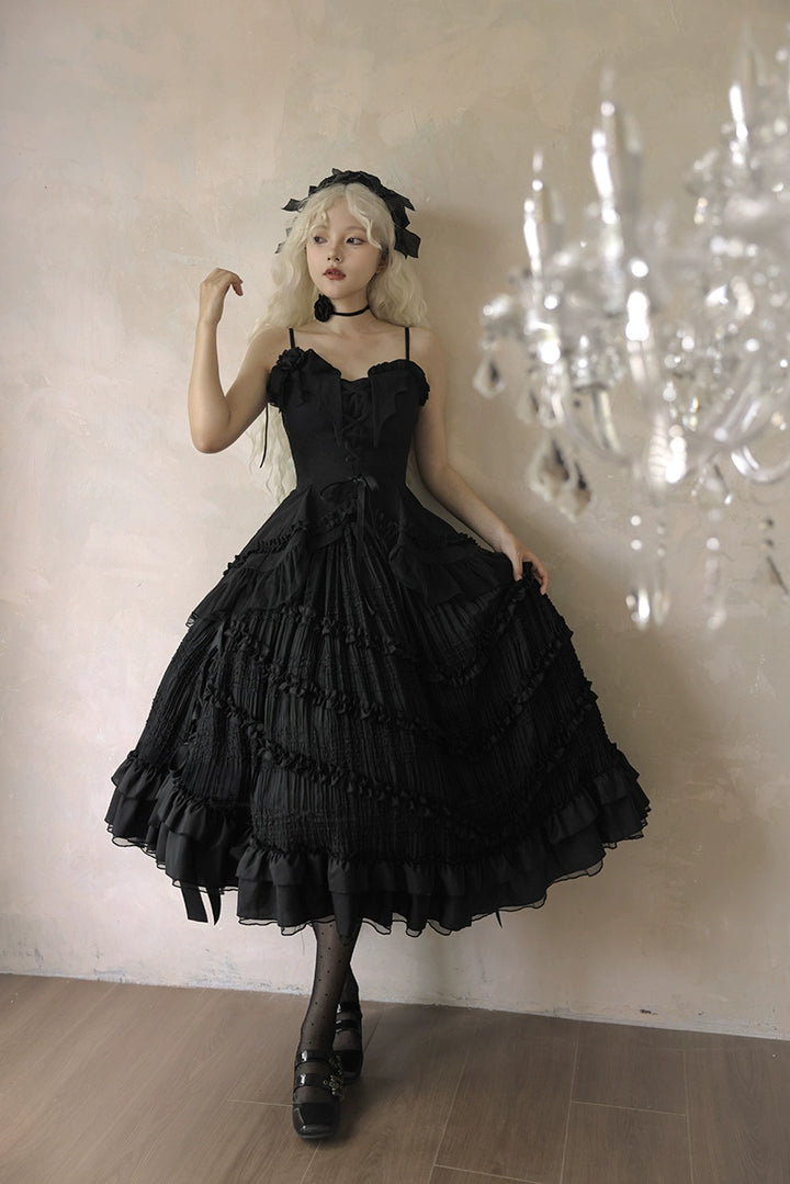 Lingxi Lolita~Rose Wing~Gothic Lolita Tiered Skirt Set   