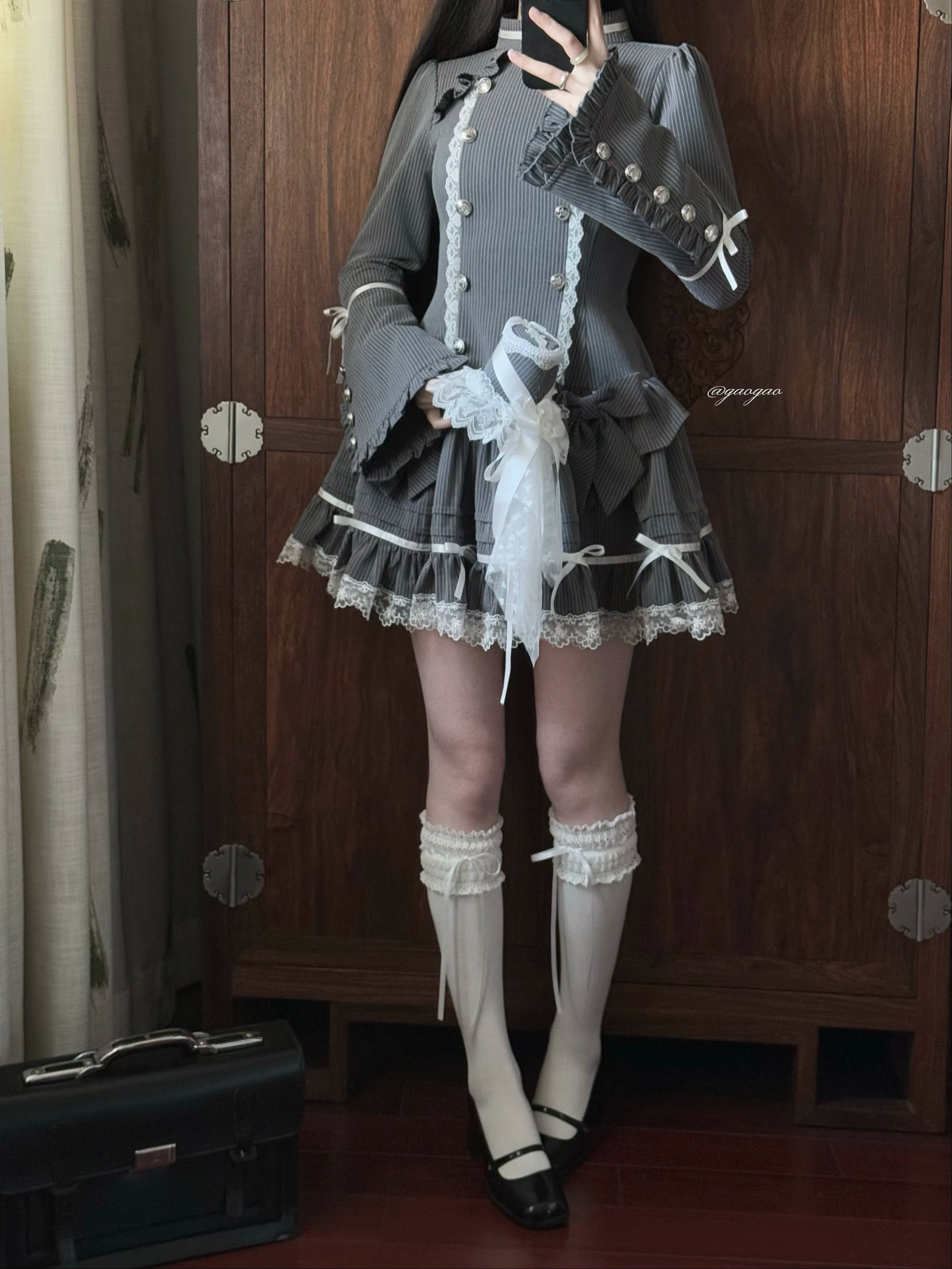 Phantom Kitty - Old School Lolita Low Waist OP Dress, Lace & Bow 45119:836239