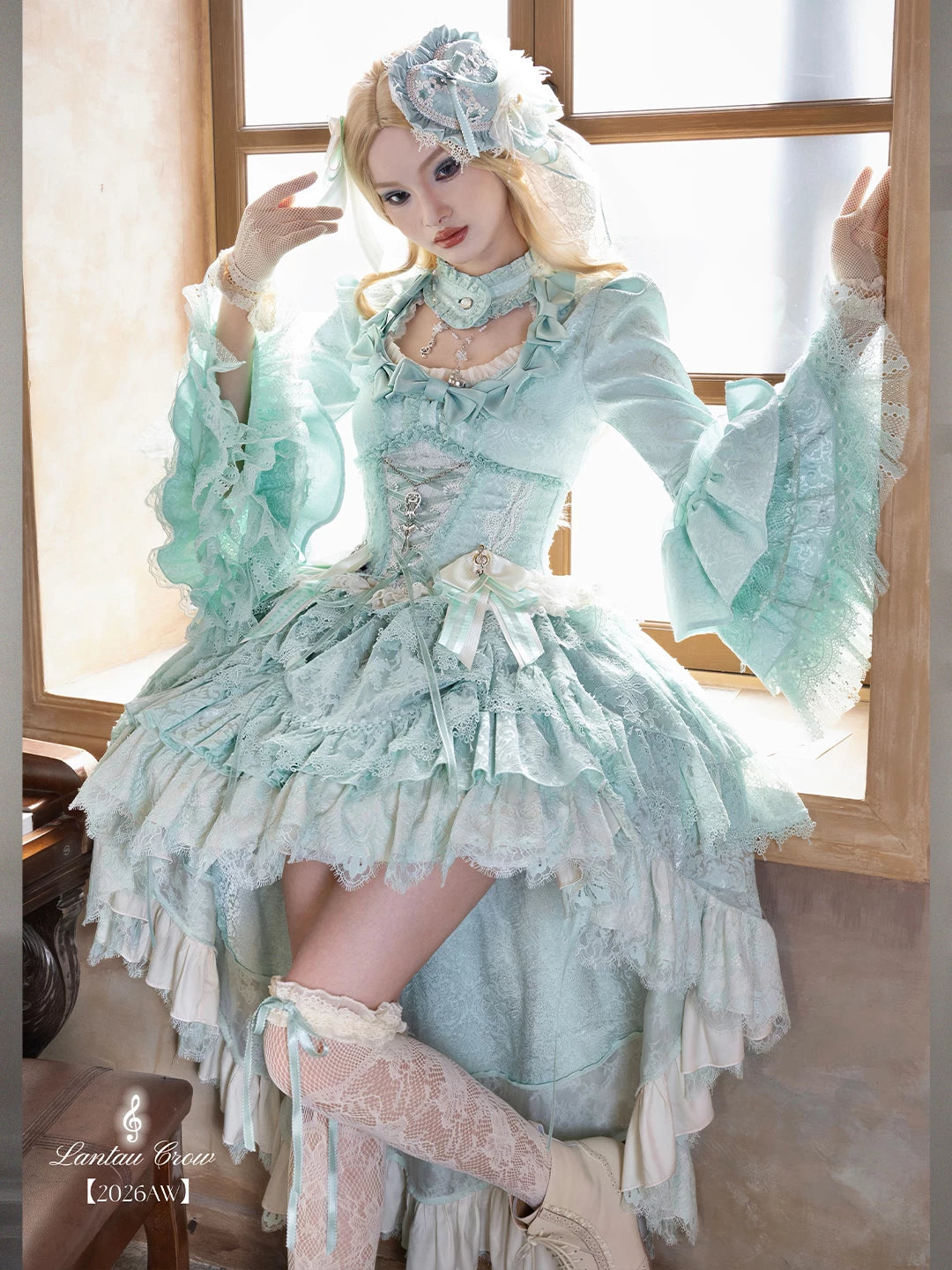 Requiem - Gothic Lolita Blouse & Skirt Set, Jacquard with Satin Lace 45969:869869