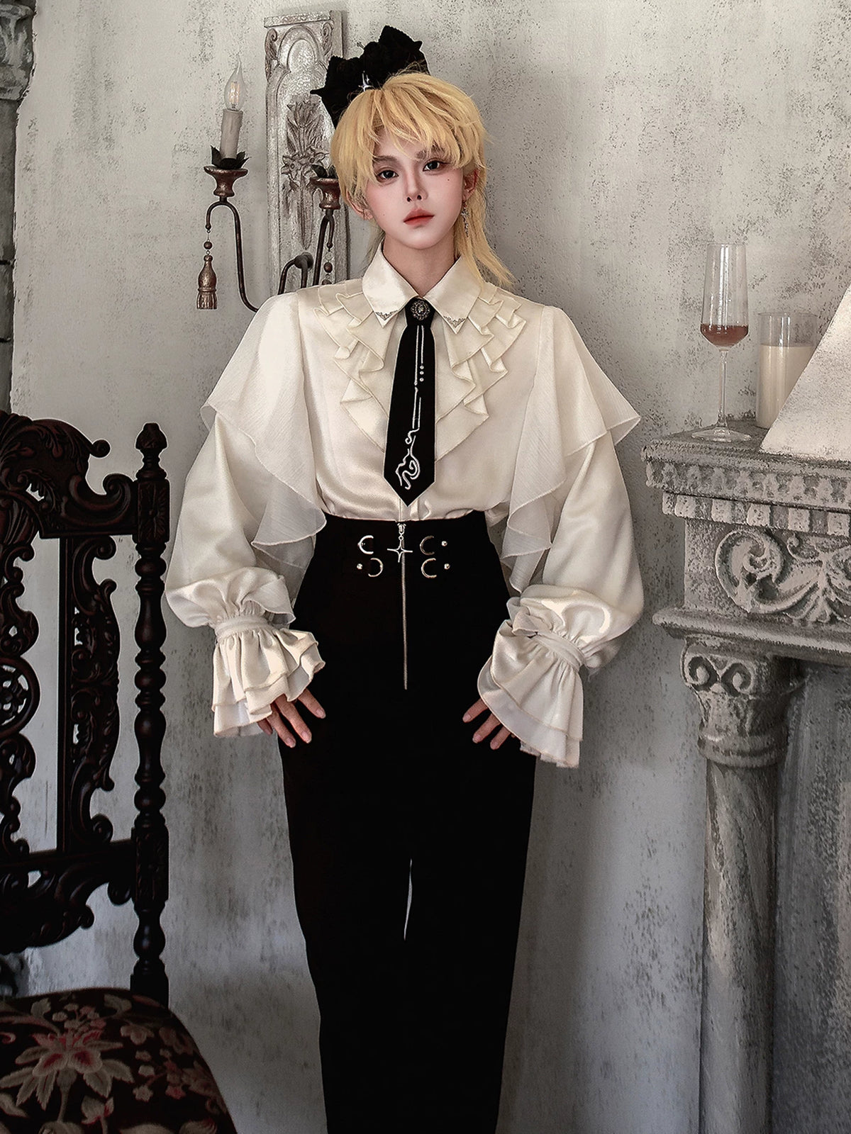 Hidden Crow - Ouji Lolita Cloak & Pants Suit, Silver-Thread Embroidery (L M S XL) 46041:873238