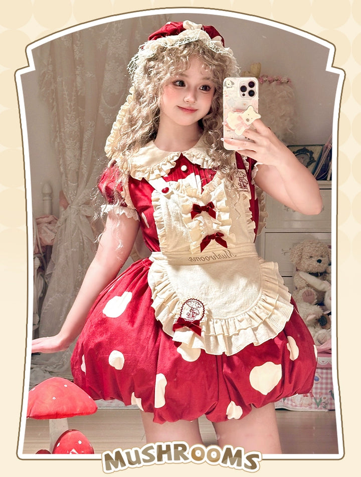 Sakurahime~Mushroom~Kawaii Lolita OP Dress with Apron and Detachable Sleeves