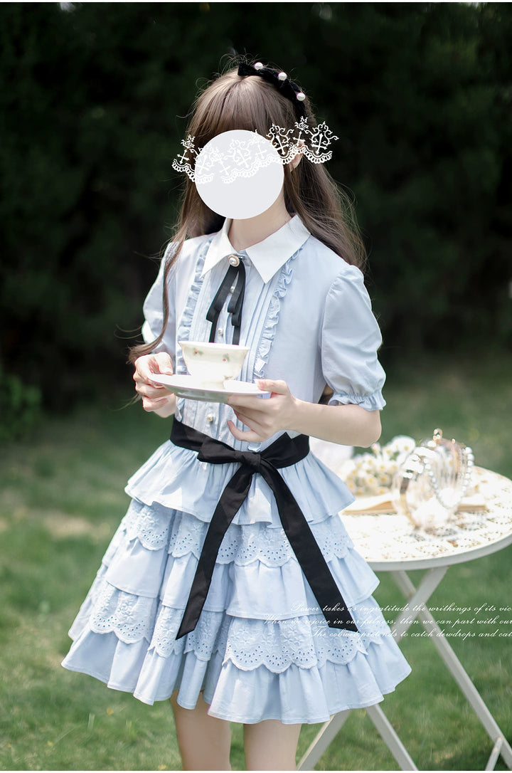 HuTaoMuJK~Tulle~Elegant Cotton Lolita OP Dress Blue Tiered Hem Cake Blue Lolita Dress   