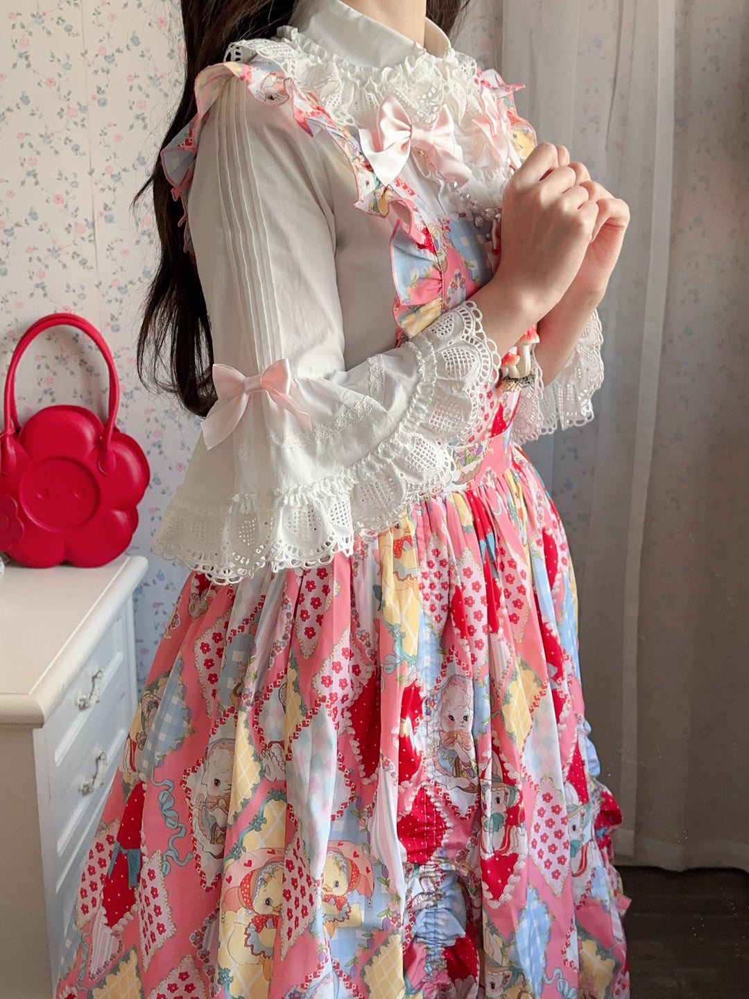 Vcastle~Sweet Crepes~Sweet Lolita Shirt with Princess Sleeves and Bow Chain