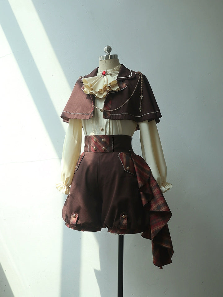 (BFM)Forest Fluorescent Carps~Queen's Chess~Ouji Lolita Prince Outfit Lolita Cape Shirt Shorts Set S Brown prince shorts suit 