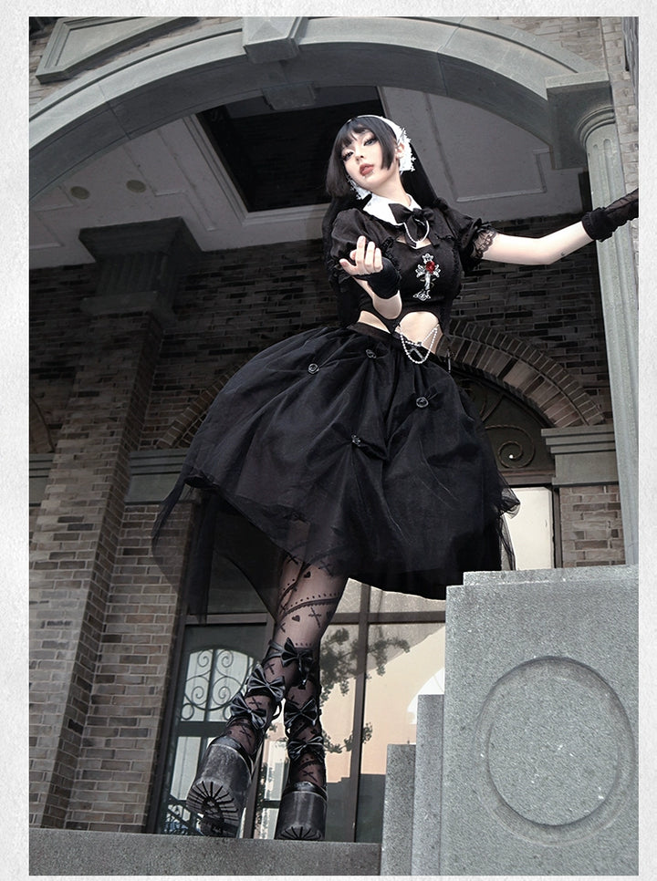 With PUJI~Evil Flower~Gothic Lolita Skirt Set Rose Embroidered Hollow Out Blouse 39596:631124