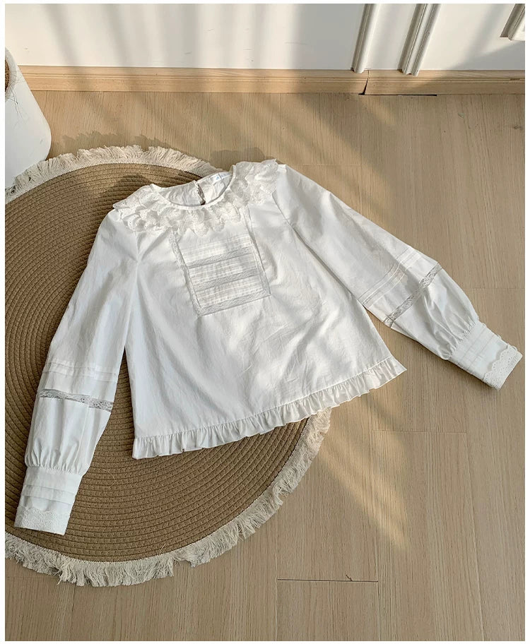 Jennie - Sweet Lolita Cotton Shirt, Ruffled Round Collar White S
