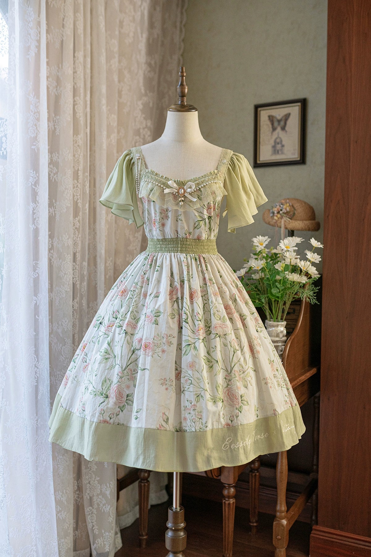 EESSILY - The Rose Dowry - Daily Cotton Lolita OP Dress V-neck Dress S Grass Green