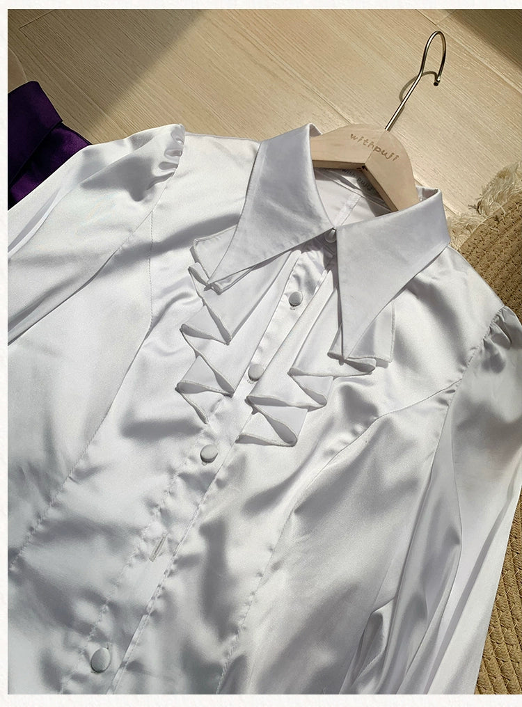 With PUJI - Thorn Night - Gothic Lolita Satin Shirt Solid Color Fake Two-Piece Blouse