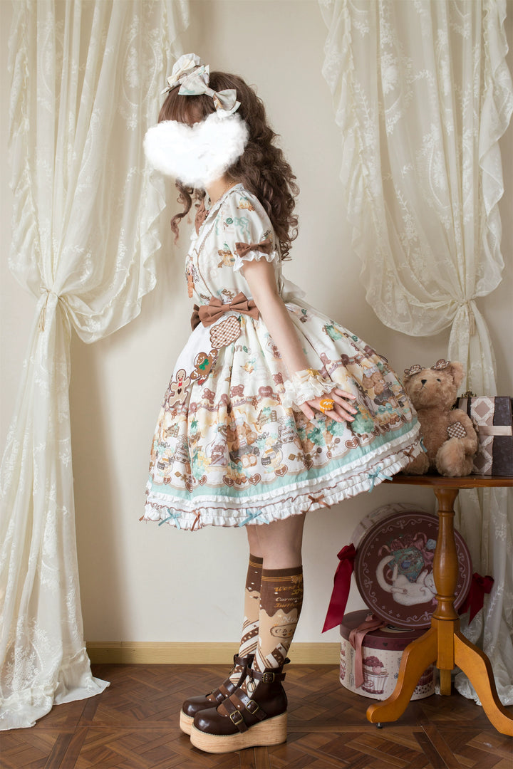 Babyblue~Little Bear Honey Jar~Kawaii Lolita Short Sleeve OP Gingerbread Man Embroidered Dress 40362:656882