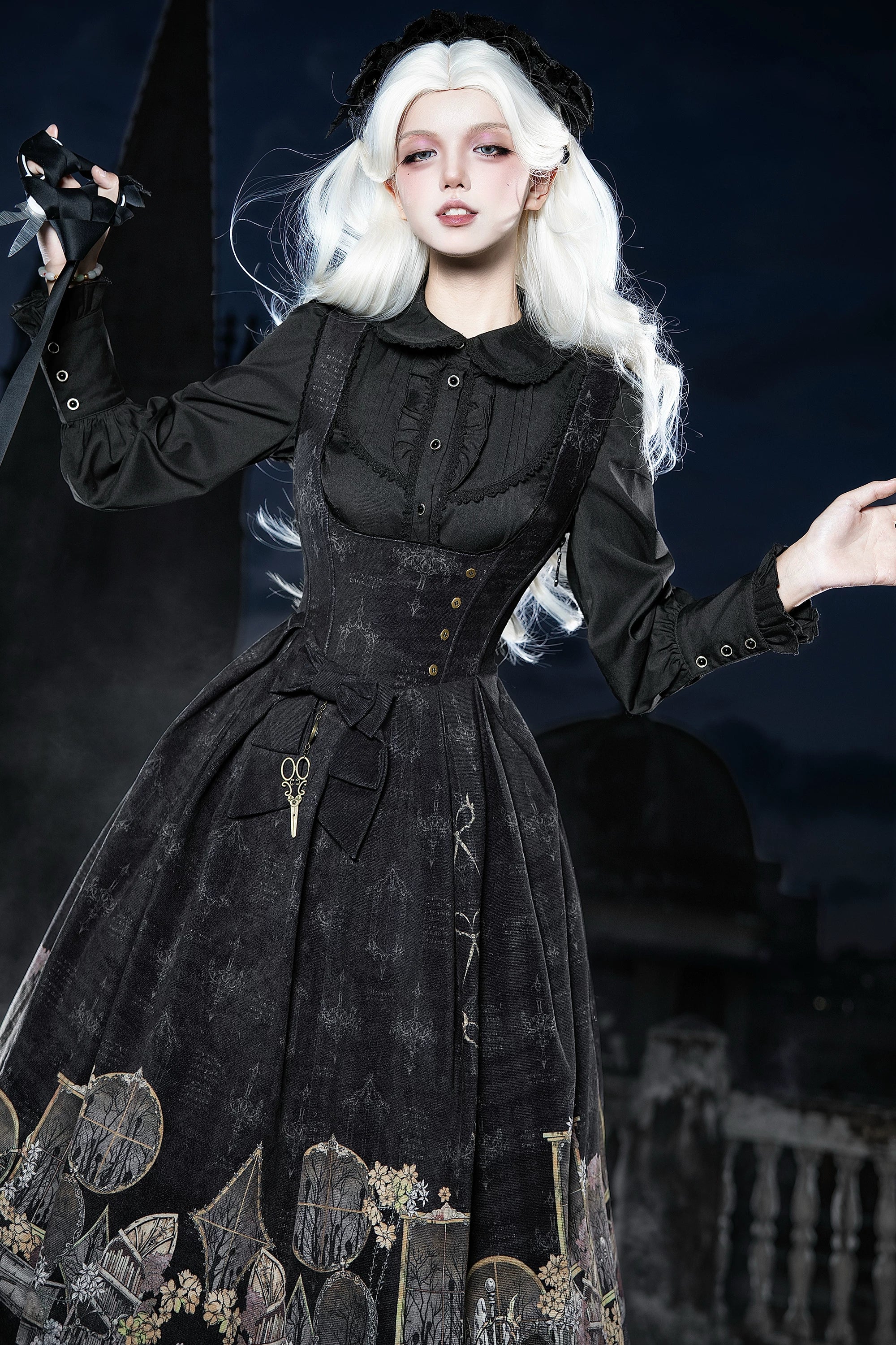 Window of Shadows - Plus Size Gothic Lolita OP & JSK, Window and Floral Print 45889:866700