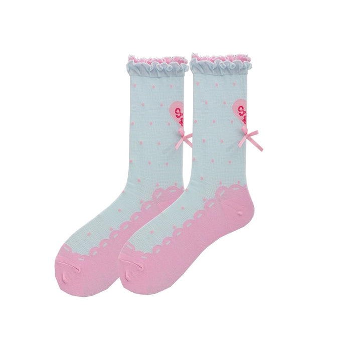 Roji Roji~Sweet Lolita Socks Cute Lolita Short Socks With Polka Dot Free size Green and pink  - 1pair 