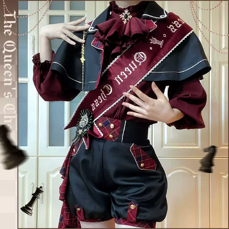 Forest Fluorescent Carps - Queen's Chess - Ouji Lolita Prince Outfit Lolita Cape Shirt Shorts Set S Red Ouji Set