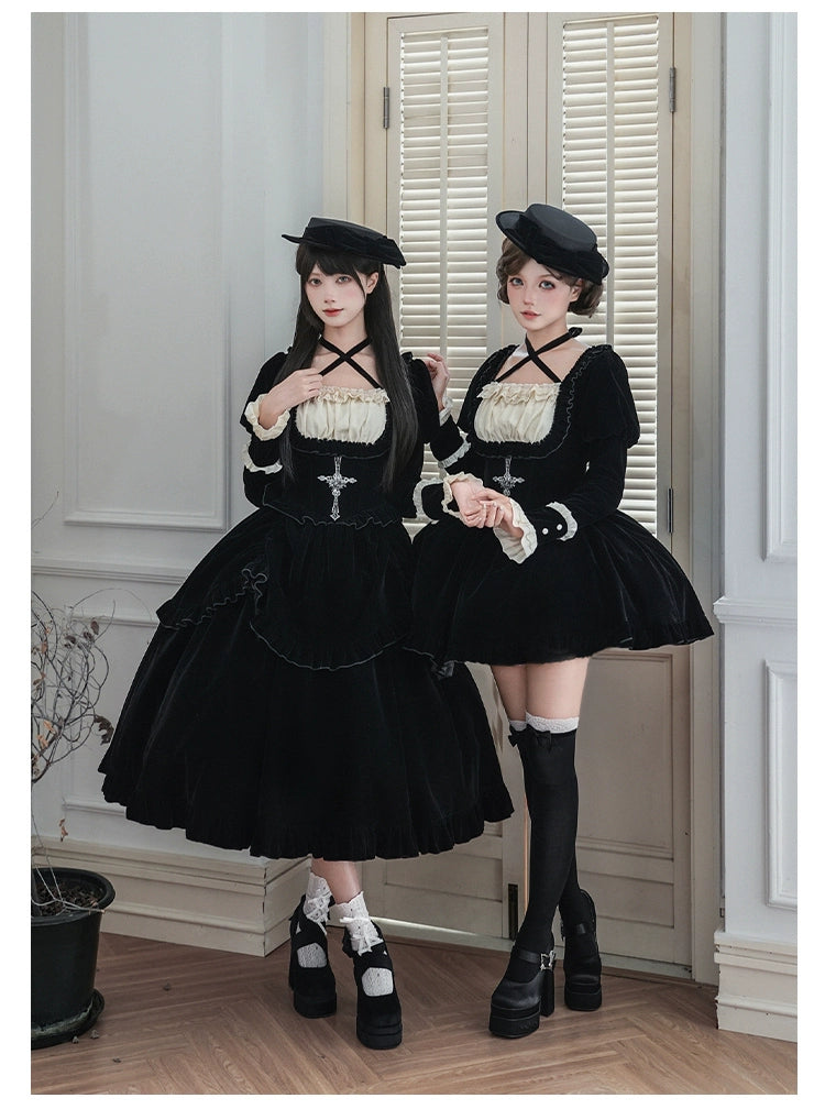 With PUJI - Apocalypse - Gothic Lolita Velvet OP Dress Set, Fishbone Waist 44128:797097