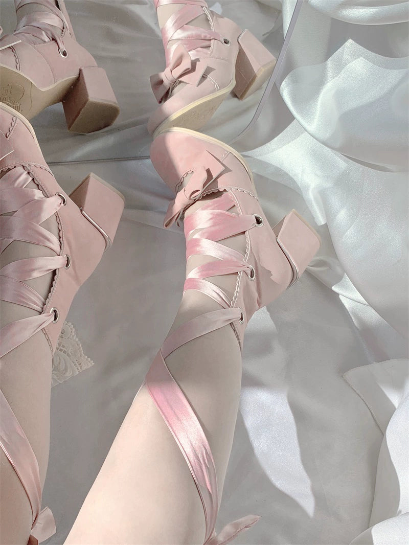 (BFM)MR.Qiutian~Muse Kiss~Elegant Lolita Shoes Lace-up Bow Heels Round Toe 33144:405876