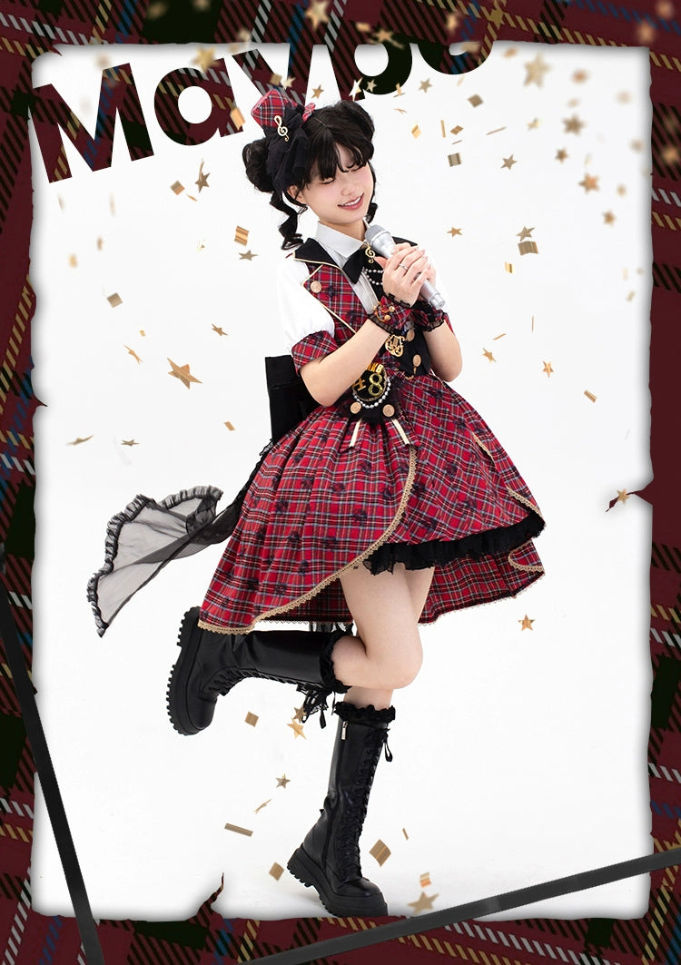 Forest Fluorescent Carps~IP Collab Sweet Lolita Performance Outfit Red Plaid JSK Full Set   