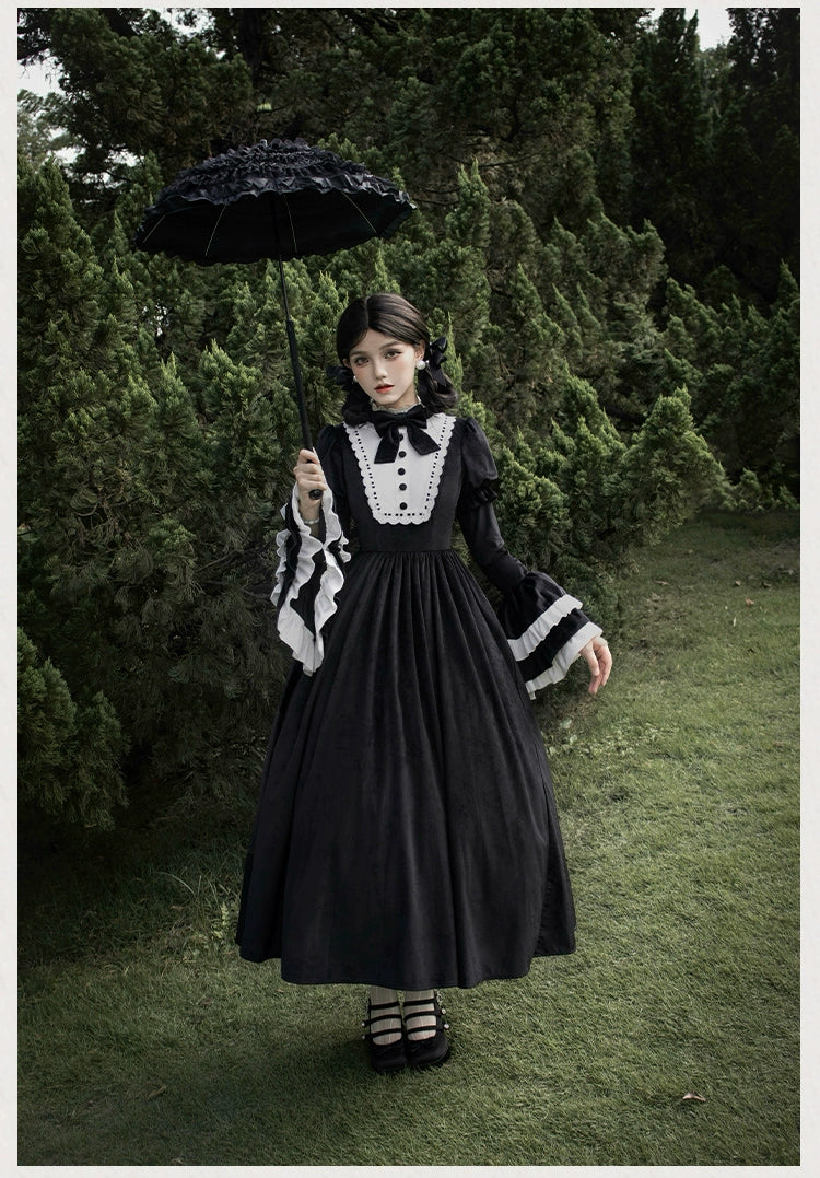 With PUJI~Sleepless Night~Classic Lolita Black OP Dress White Princess Sleeves   