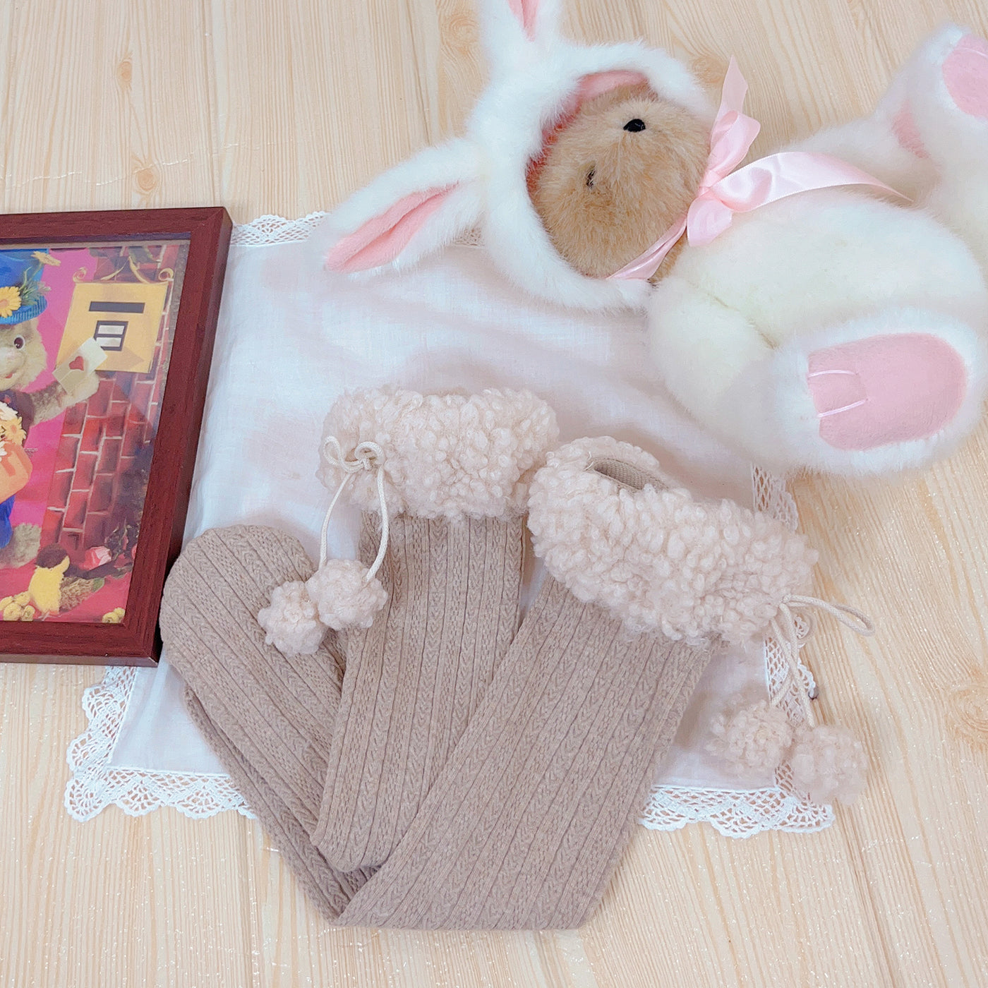 Dolly Doll~Little Bean Cake~Cute Winter Plush Mid-Calf Lolita Socks Free size Oat Milk Tea+Beige Plush Edge 
