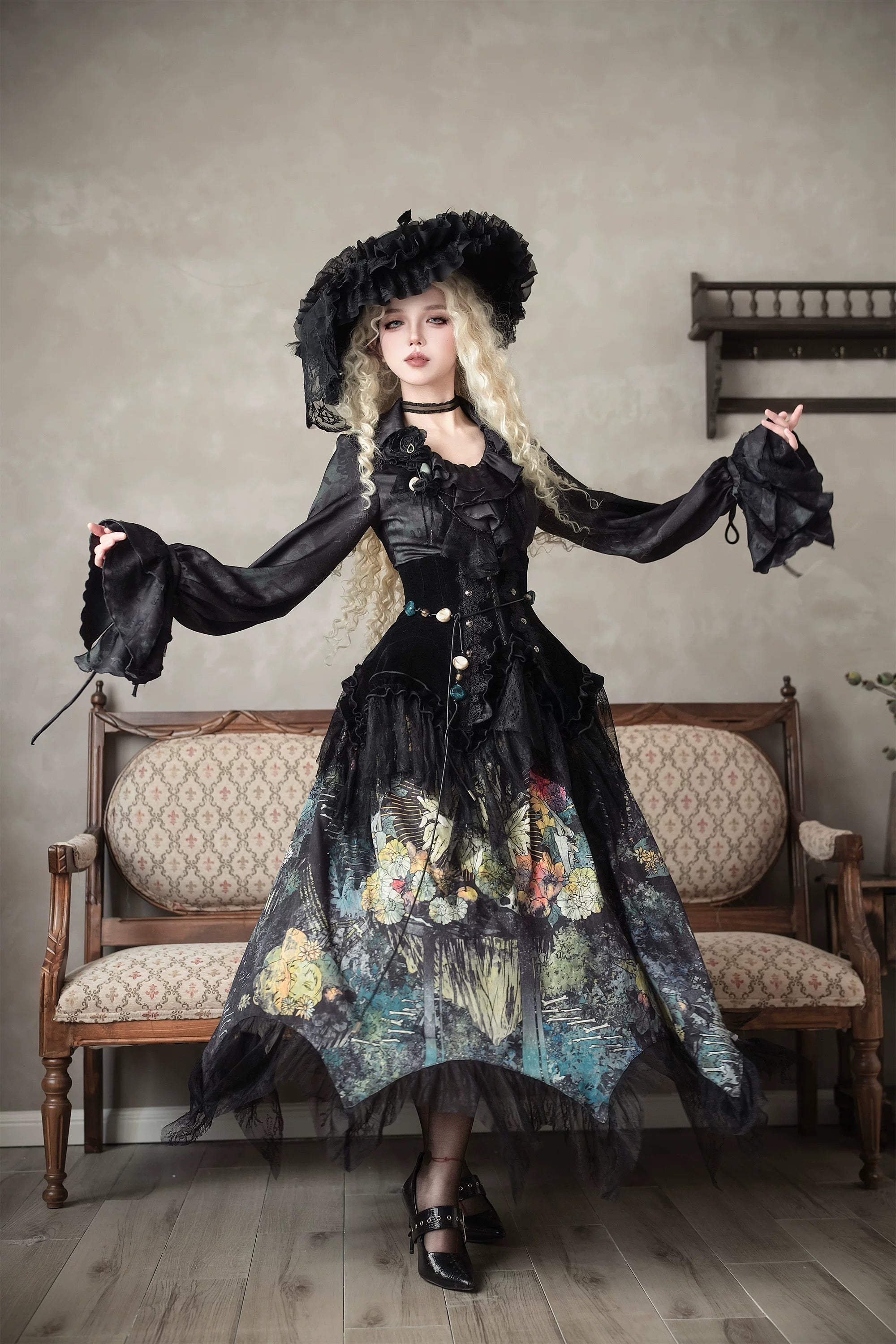 Bone Garden - Printed Gothic Lolita Skirt, Boning Corset