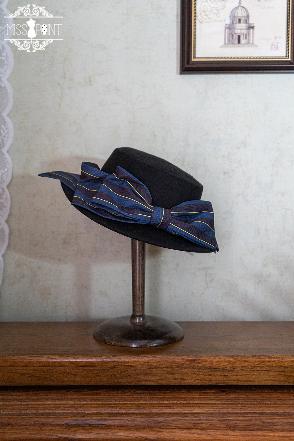 (Buyforme)Miss Point~Stripped Lolita Headband Veil Hat Clip Necklace navy blue stripped top hat  