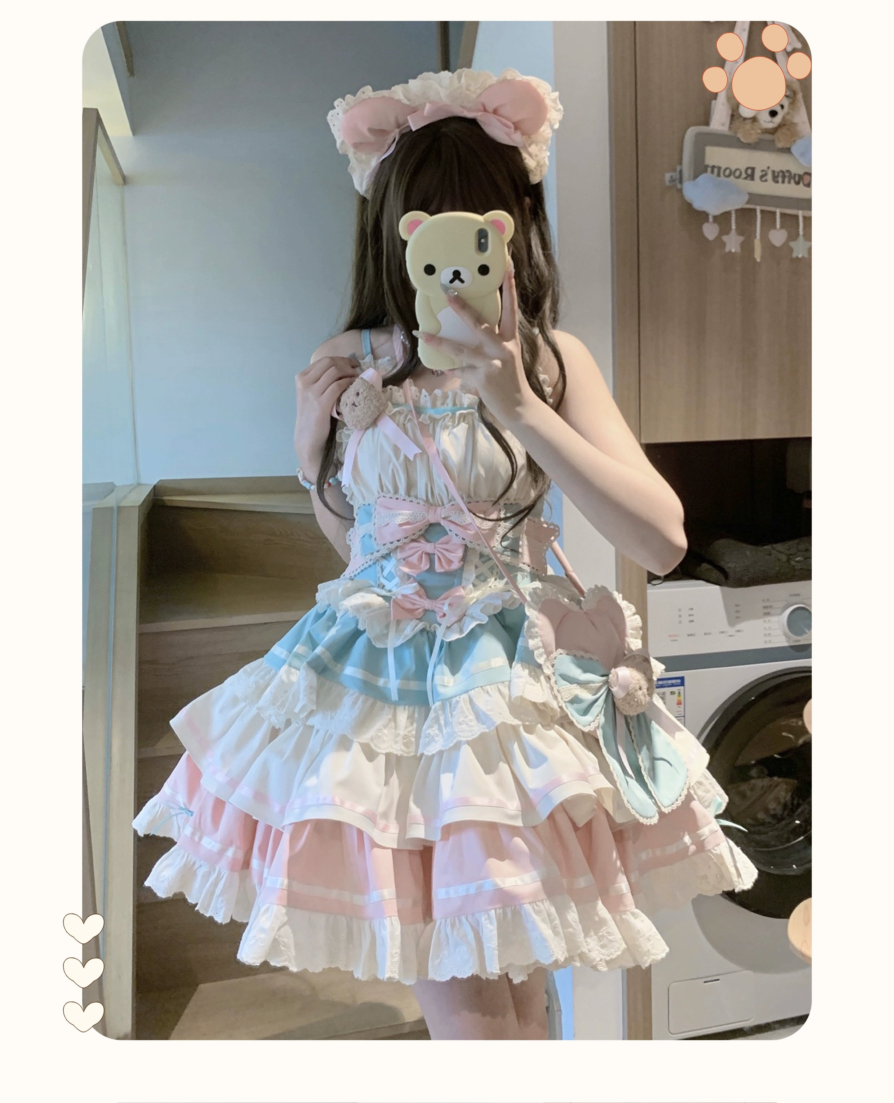 Platycodon House - First Love Bear - Sweet Lolita JSK Dress Idol Lolita Puffy Dress Apricot-blue-pink JSK (with a bear bag) XS