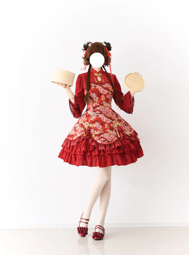 Strawberry Witch~Floral Chinese Qi Lolita OP Dress S wine red 