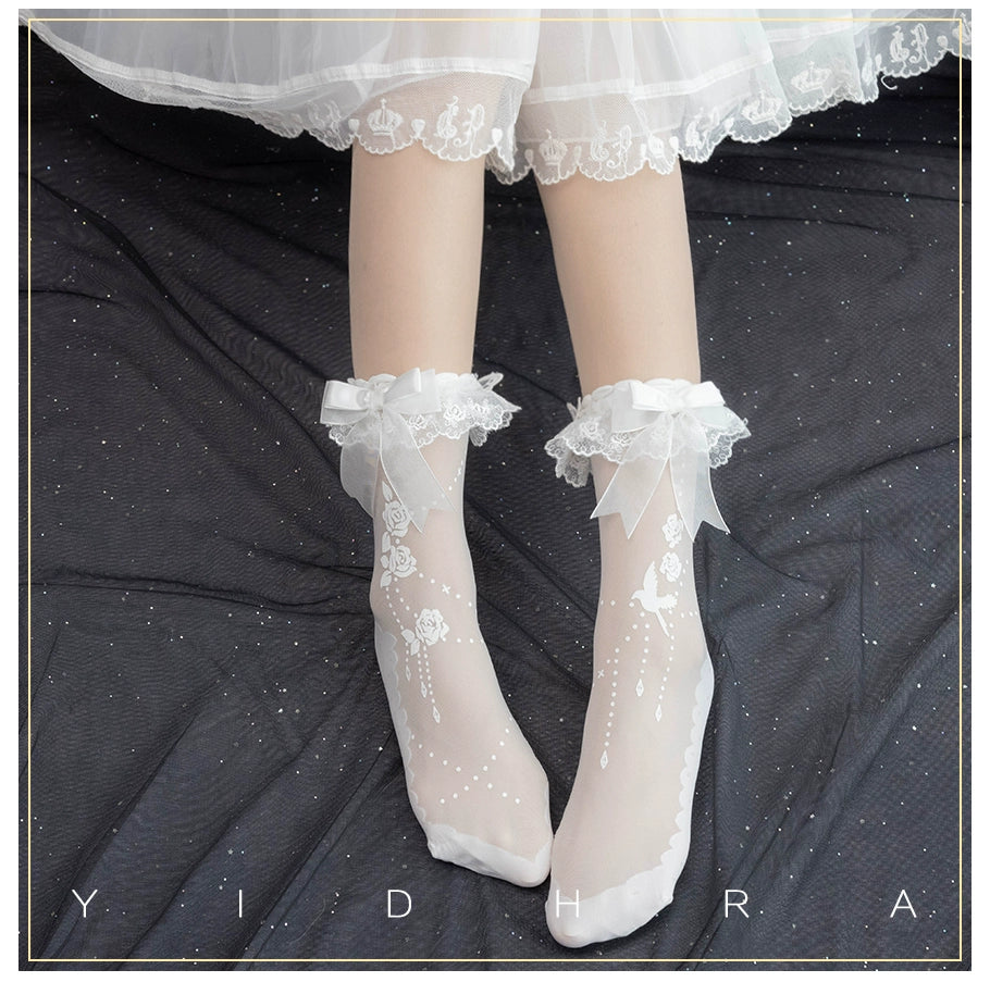 Yidhra - Nightingale and Rose - Gothic Lolita Socks Rose Lace Socks One Size White - Gorgeous version