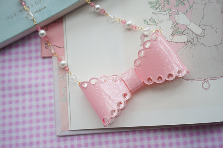 Cat Tea Party - Handmade Sweet Lolita Beaded Bow Necklace Dark Pink