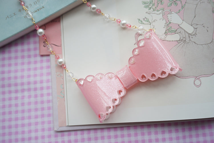 (Buyforme)Cat Tea Party~Handmade Sweet Lolita Beaded Bow Necklace new version pink  