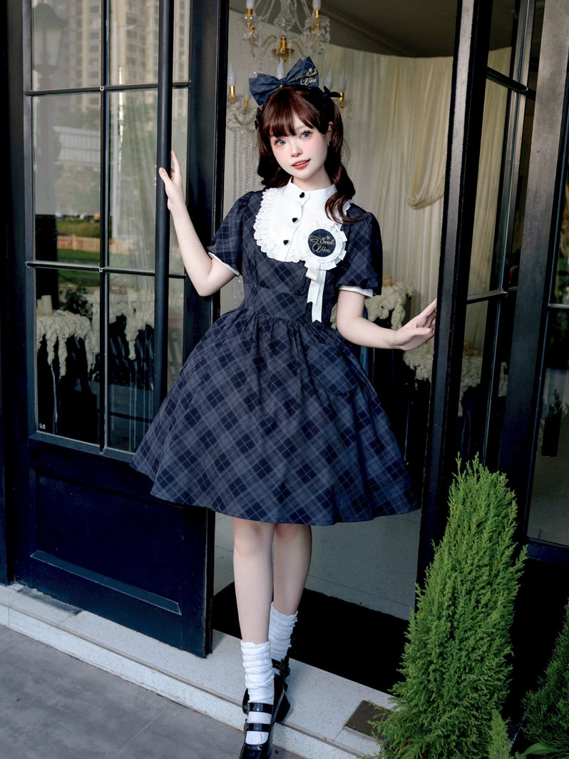 Showa Girl - Classic Lolita Showa Retro Idol Plaid OP Dress Black OP + Badge + KC S