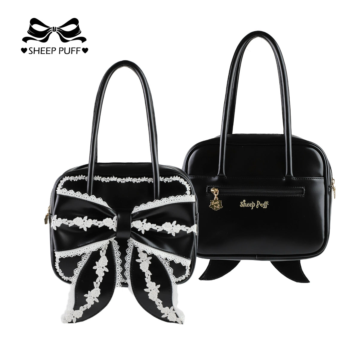 Sheep Puff - Old School Lolita Bag, Ear-Like Bow & Floral Lace (Black) 43634:782090