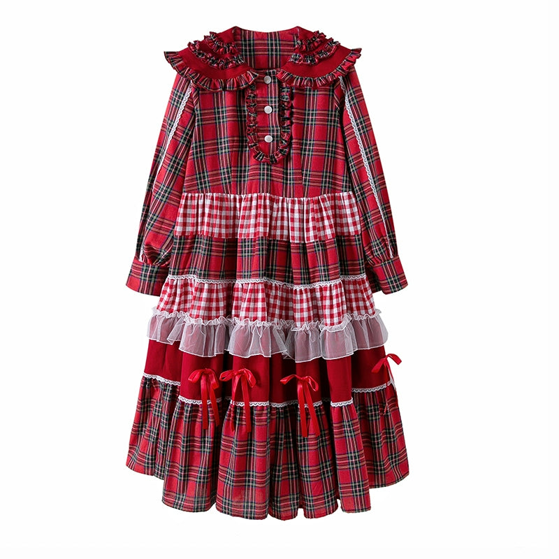 Soso Meme Club - Vintage Lolita OP Dress Red Lolita Plaid Dress for Spring Summer S Red