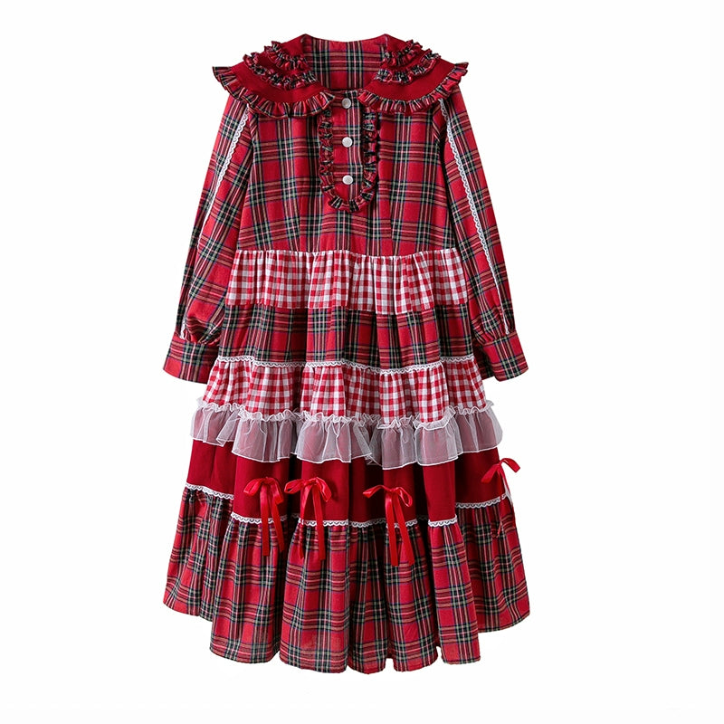 (BFM)Soso Meme Club~Vintage Lolita OP Dress Red Lolita Plaid Dress for Spring Summer S Red 