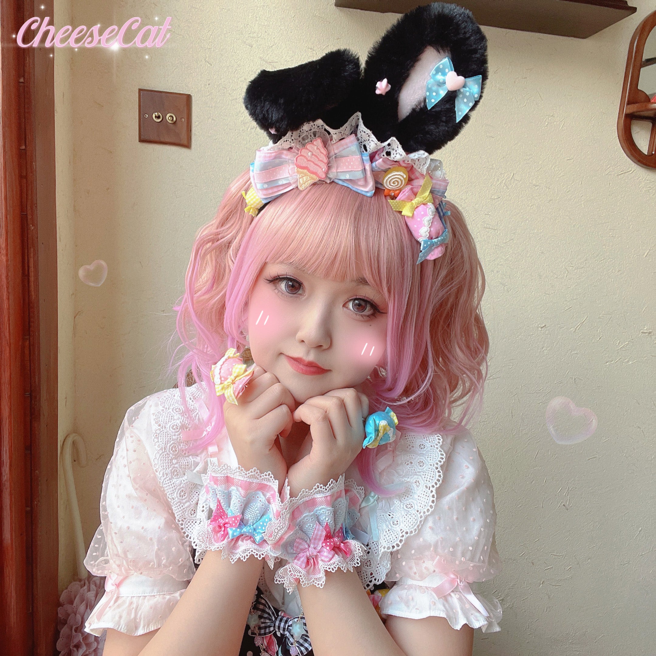 Cheese Cat - Sweet and Playful Strawberry Gingham Lace Cuffs