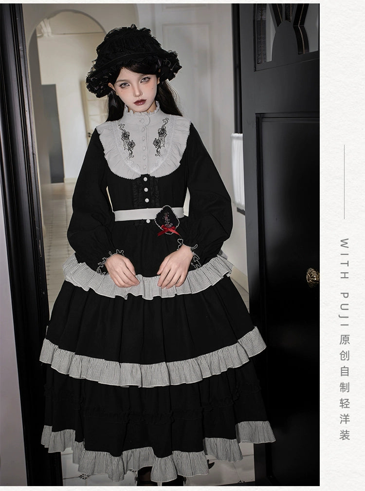 With PUJI~Castle Night~Gothic Twins Lolita OP Three-tiered Embroidery Dress