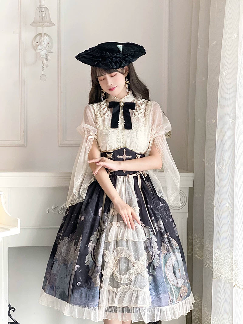 Clock Butterfly - Gothic Lolita Printed Blouse and Corset Skirt Set 45449:848773