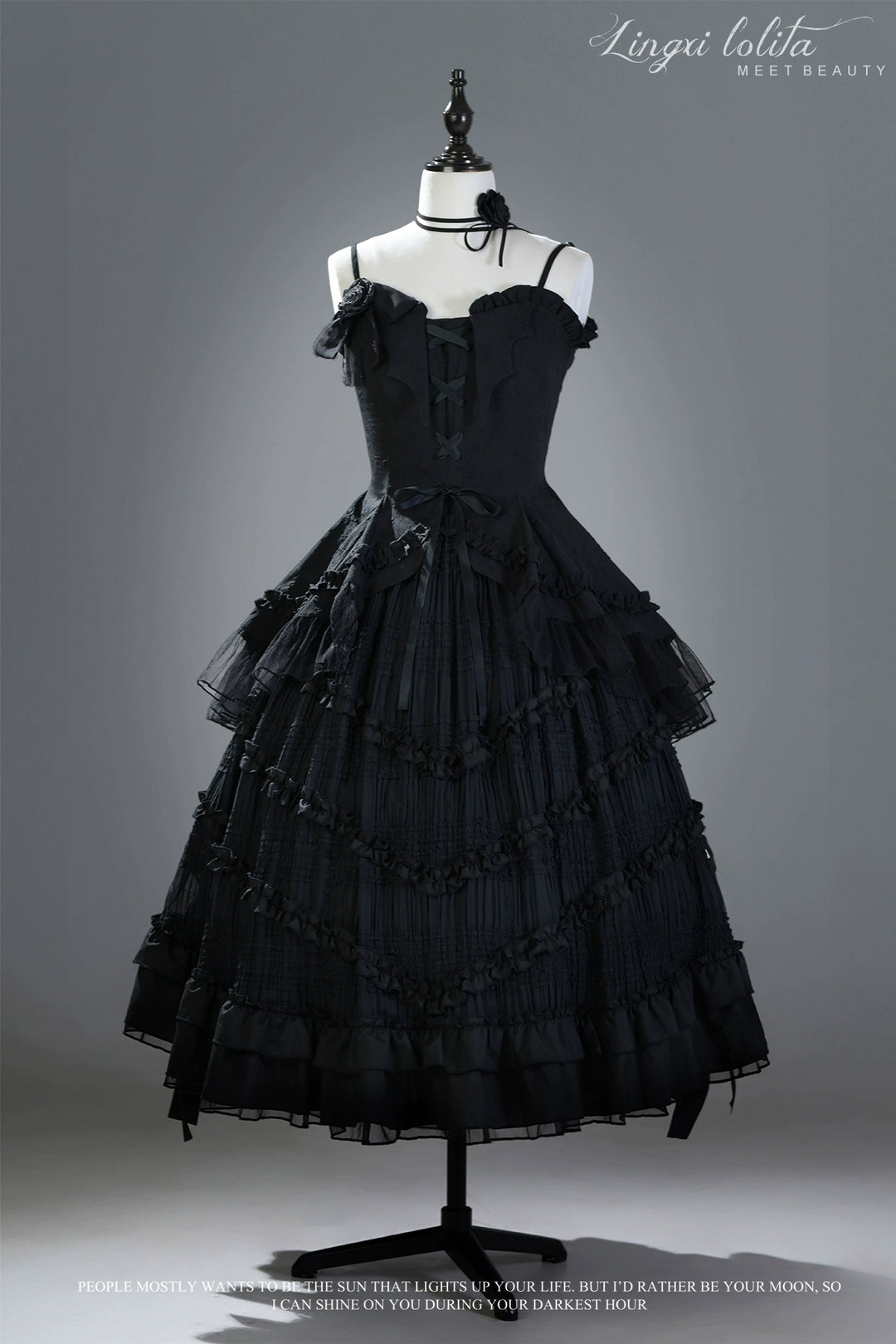 Lingxi Lolita~Rose Wing~Gothic Lolita Tiered Skirt Set S Black (blouse + skirt + chiffon flower ball*1) 