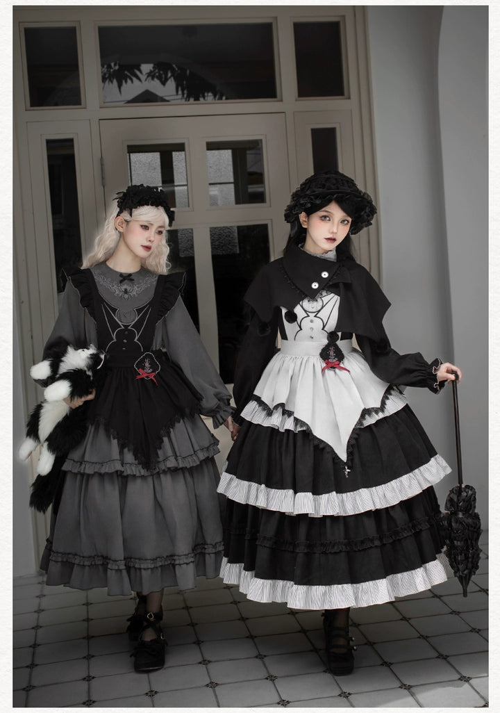 With PUJI~Castle Night~Gothic Twins Lolita OP Three-tiered Embroidery Dress