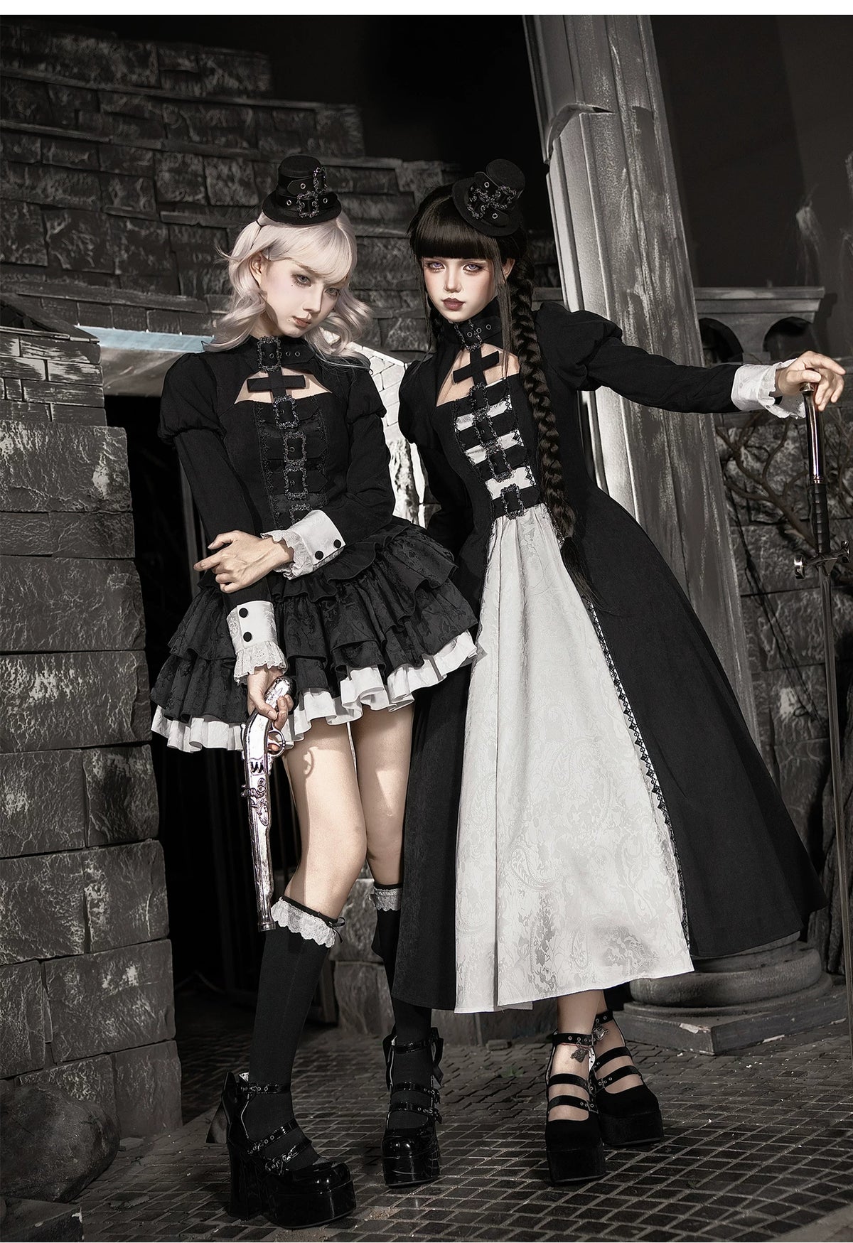 Klein - Black and White Gothic Lolita OP Dress Set, Metal D-rings 45996:871440