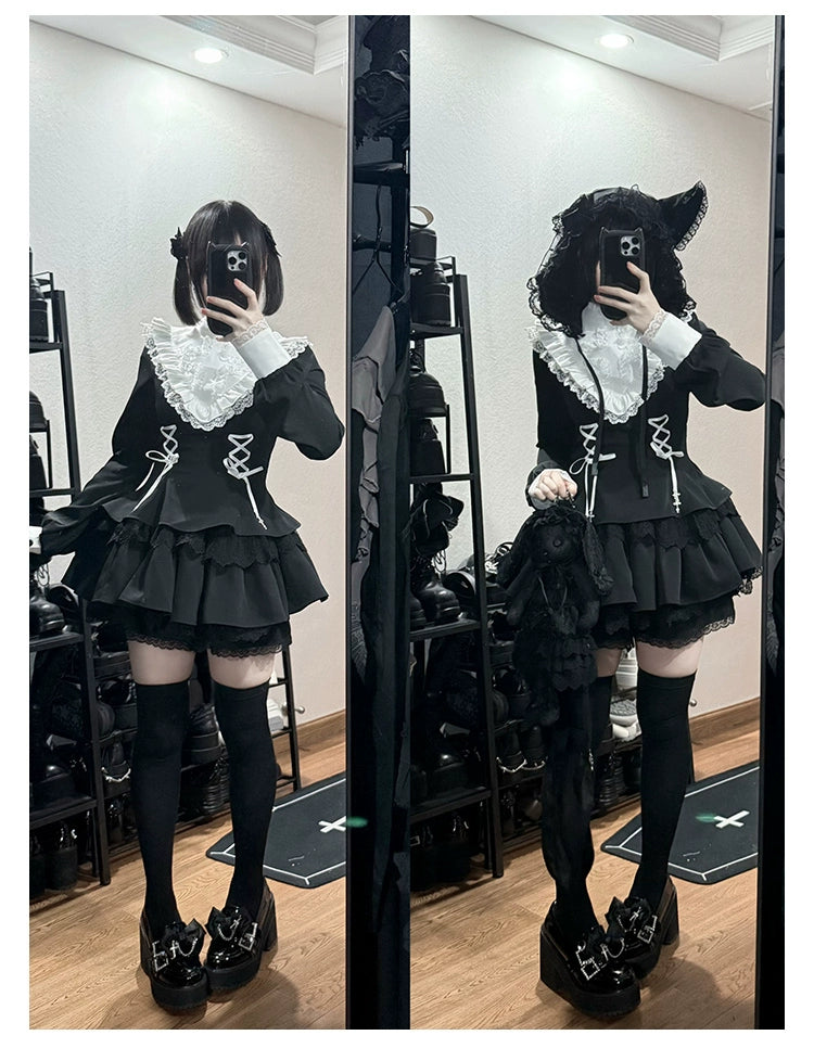 With Puji - Doki - Twin Lolita OP Black/White Goth Dress with Pocketed Shorts