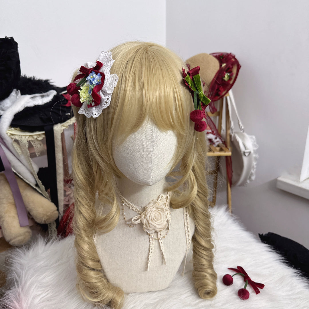 Chestnut Lolita~Sweet Lolita Headdress Cherry Hair Clip Straw Hat Necklace Handmade Set a cherry flower headdress  