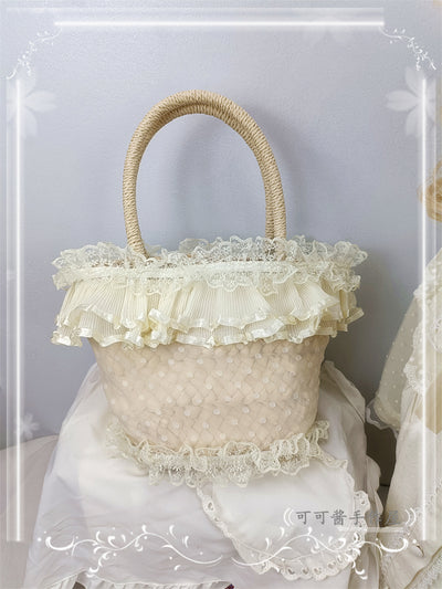 Cocoa Jam~Retro Lolita Hat Hand-basket Ivory Lace Lolita Hat Hand-basket   