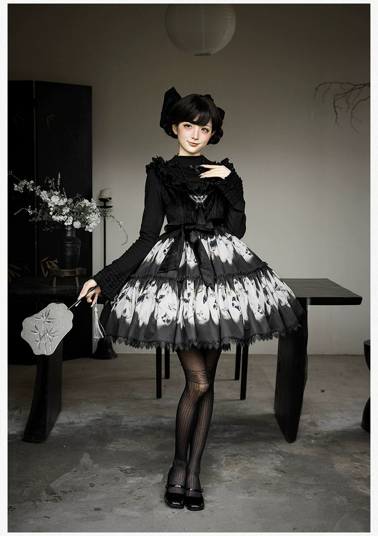 With PUJI - Dead Leaf Butterfly - Gothic Lolita JSK & OP Dress Set, Butterfly Print 44346:805404