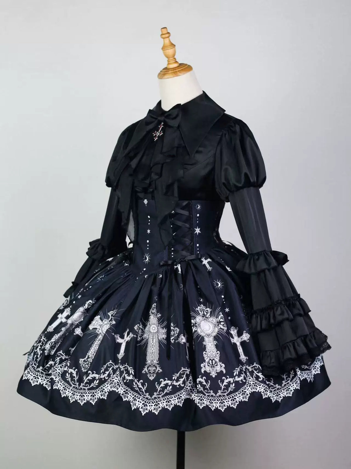 Star Remains Prayer - Elegant Gothic Lolita JSK & OP Dress Set, Cross & Moon Prints (L M S XL) 46014:872474