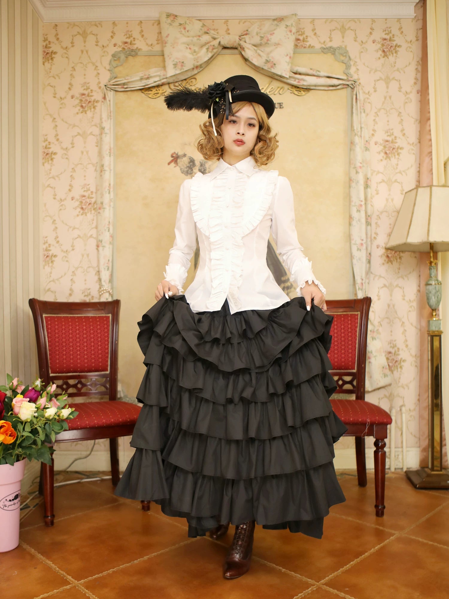 Gothic Lolita Tailed Hem Blouse and Multi-layer Skirt Set Set 2: White Blouse + Black Skirt S